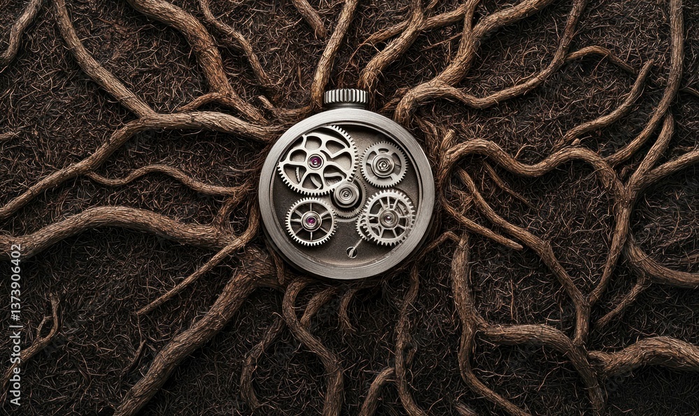 Poster a vintage clockwork with intricate gears intermingled with sprawling tree roots, representing time a