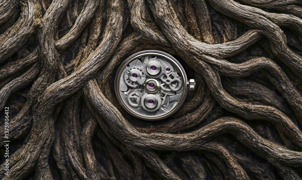 Poster a beautiful and complex watch mechanism resting on intertwining tree roots shows the passage of time