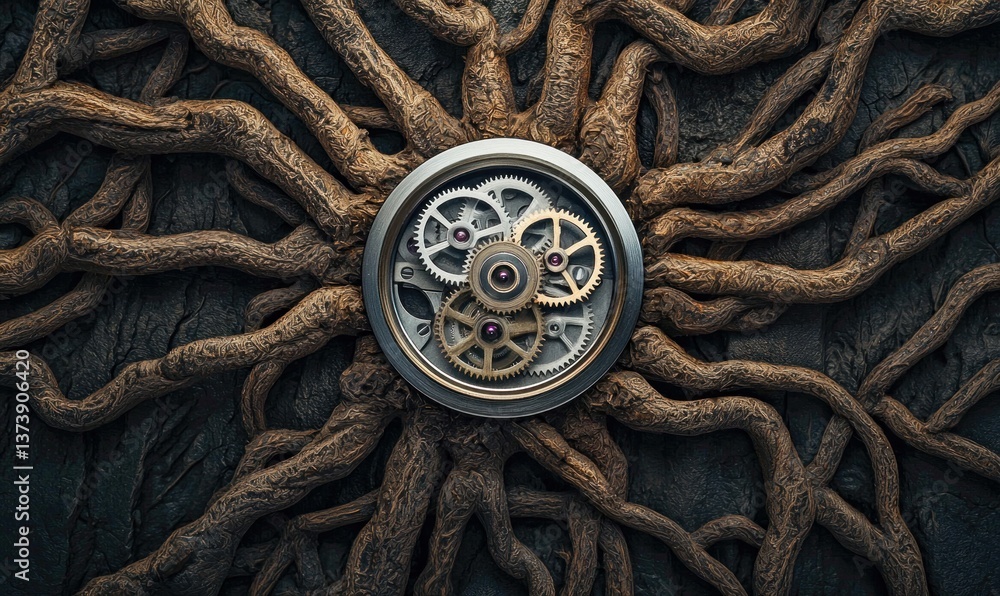 Aufkleber a fascinating clockwork mechanism is intertwined within the grasp of an old tree's roots.