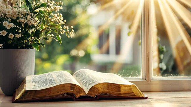 Open holy bible illuminated by sunlight next to a text of space on a wooden table near a window background Copy flowers for vase video 4k