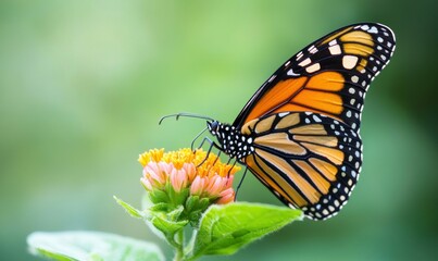 Fototapeta premium A monarch butterfly gracefully feeds on a delicate flower, showcasing nature's beauty in soft light.