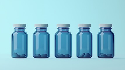 Blue Glass Bottles with Capsules on a Soft Colored Background