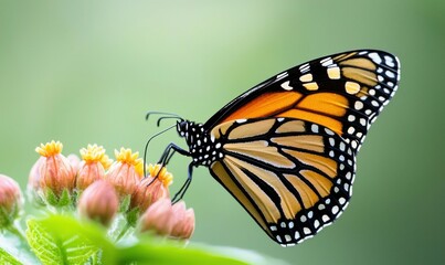 Fototapeta premium A vibrant monarch butterfly rests delicately on budding wildflowers, showcasing its intricate wing patterns.
