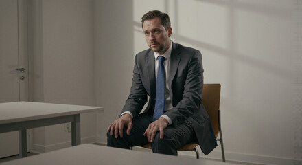 Man in suit showing anxiety while sitting in a plain room