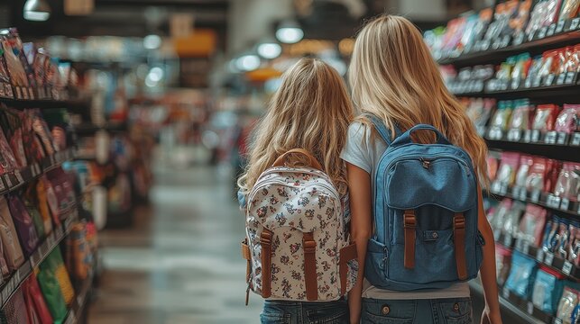 A mother and daughter, faces illuminated by warm sunlight, explored a vibrant school supply store, their eyes wide with wonder at the array of colorful pencils, erasers, and backpacks that awaited 