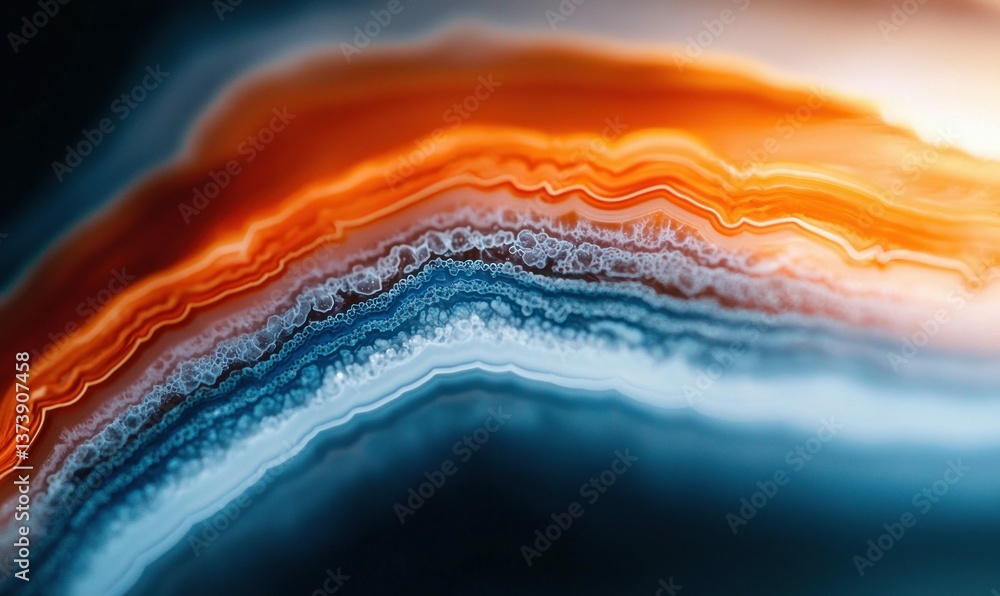 Poster macro image of an agate stone showing concentric layers in orange, blue and white colors.