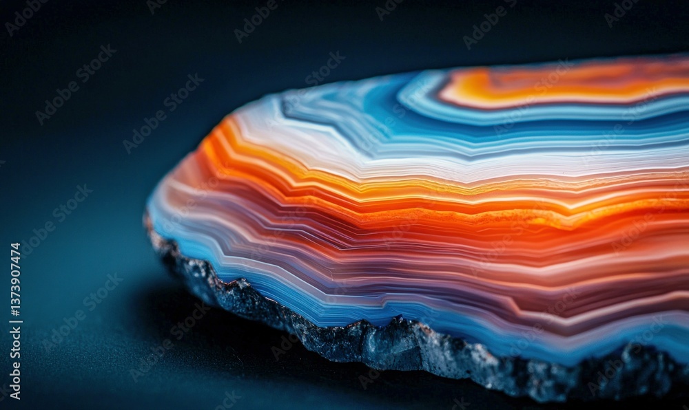 Poster colorful agate slice displaying vibrant orange, blue, and white concentric bands with intricate patt