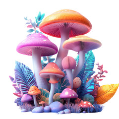 Colorful and fantastic still life of mushrooms and plants on a transparent background.