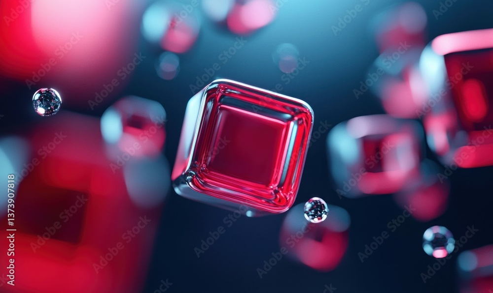 Poster elegant 3d render of transparent red cubes and tiny reflective spheres floating in a dark blue scene
