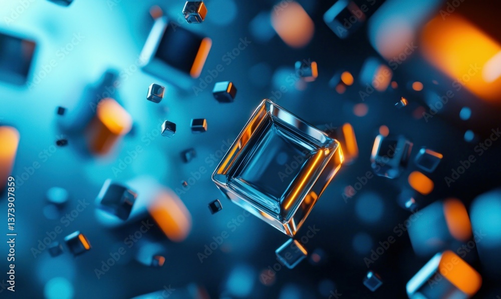 Aufkleber abstract composition of metallic cubes with glowing rims floating in a blue space.
