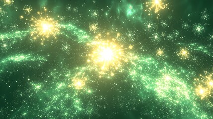 Fototapeta premium A green and yellow starry sky with a bright yellow star in the middle