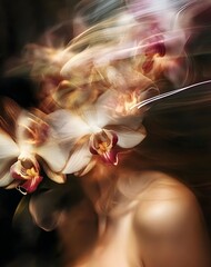 Beauty portrait. Beautiful seductive woman with sensual lips among Blooming pink orchids. Ethereal blurry portrait showcases dynamic lighting and colorful movement, generative AI