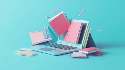 Online learning books, laptop, stationery, pastel background, education