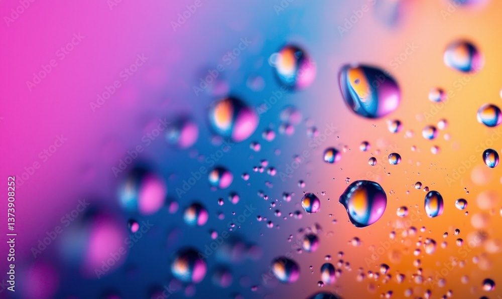 Poster water droplets cling to a vibrant gradient, creating mesmerizing reflections and a macro abstract.