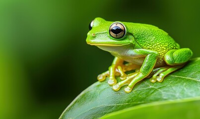 Fototapeta premium A vibrant green tree frog resting peacefully on a lush green leaf in its natural habitat.