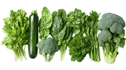 Green vegetables and herbs arranged in a row on a transparent background.