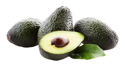 Close-up of an avocado on a transparent background. Three whole avocados are visible and one is cut in half, exposing a large bone.