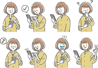 スマホを使う女性イラストセット　上半身　ベクター