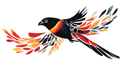 A flying bird on a transparent background. The wings of the bird are made in the form of separate multicolored segments resembling feathers or petals.