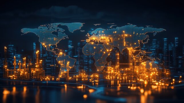A glowing circular economy diagram overlaid on a world map with supply chain nodes highlighted