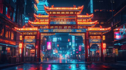 Illuminated Chinese gate, rain-slicked street, neon city, night scene, travel poster