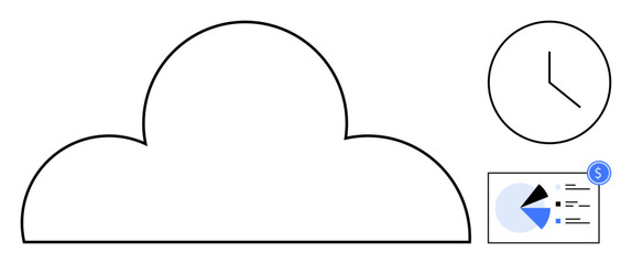 Cloud outline with a clock symbolizing time management and a financial chart for analytics. Ideal for data storage, productivity, finance, technology, time tracking, business strategy, flat simple