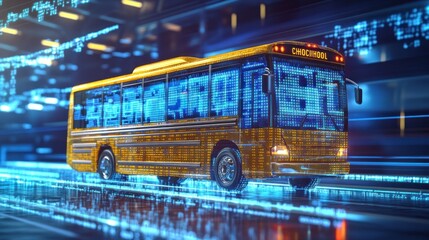 Digital school bus speeding data highway, futuristic education