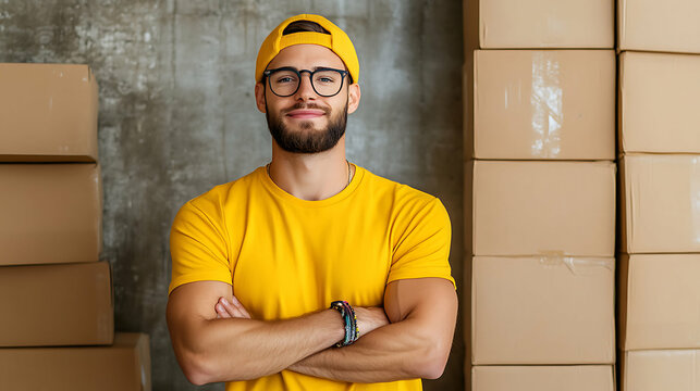 Confident mover in yellow stands ready amidst moving boxes embodying reliability and efficient service