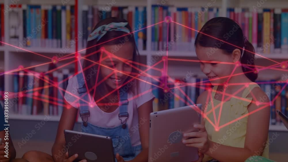 Poster in school library, children using tablets with animation of digital network overlay