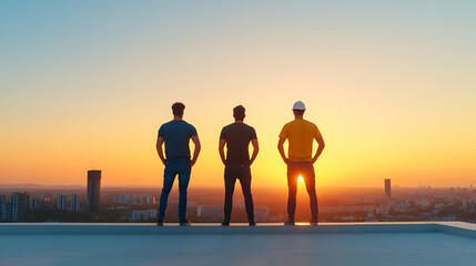 Plakat Trio on Rooftop: Silhouetted figures admire city skyline at sunset embracing shared vision and future