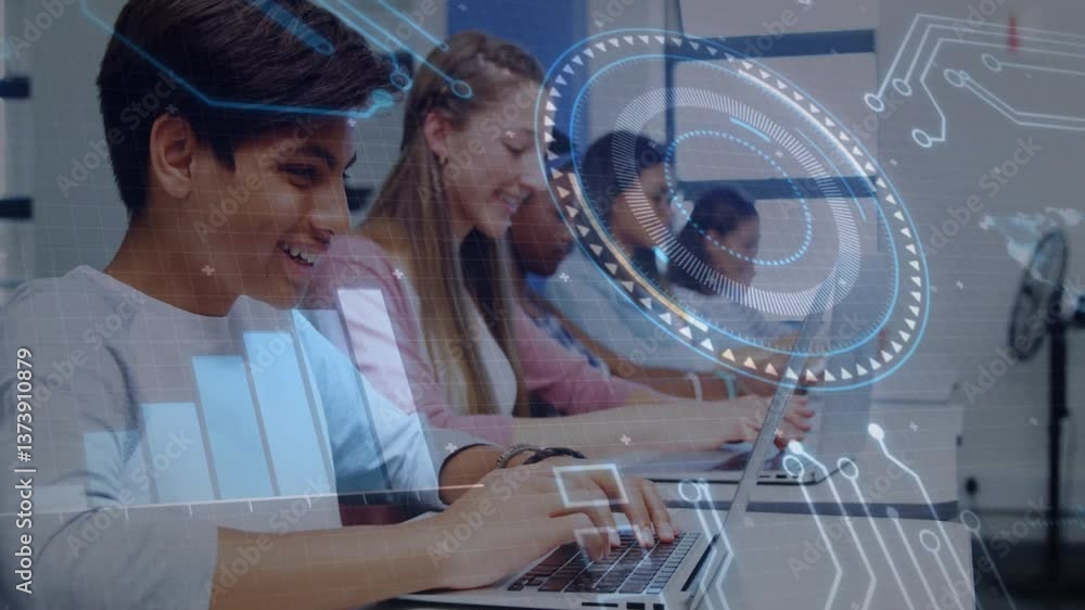 Poster students using laptops with digital interface and data processing animation overlay