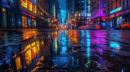 Obraz premium Rainy city street, vibrant reflections, night, urban, cityscape, advertising