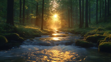 Fototapeta premium Sunlit Forest Stream. Generative AI