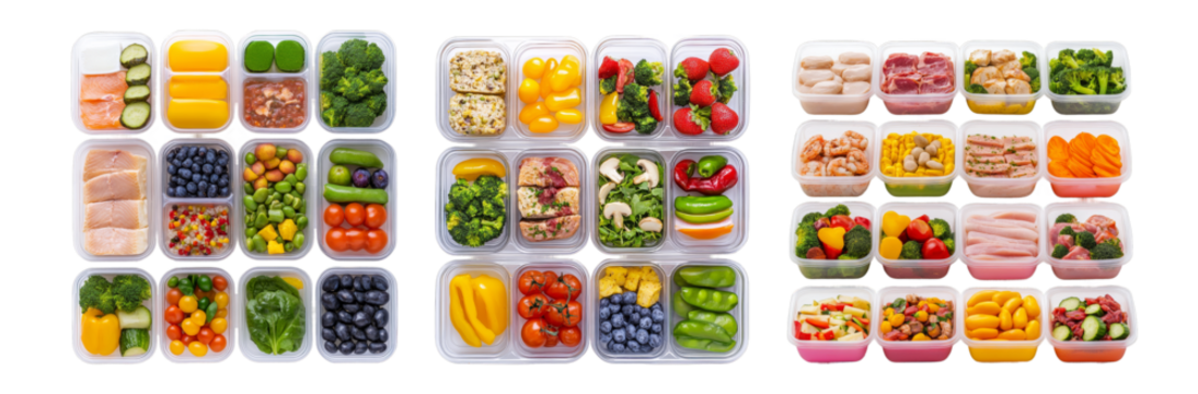 Meal prep containers set of assorted food storage boxes for healthy eating and portion control, reusable bpa free transparent background