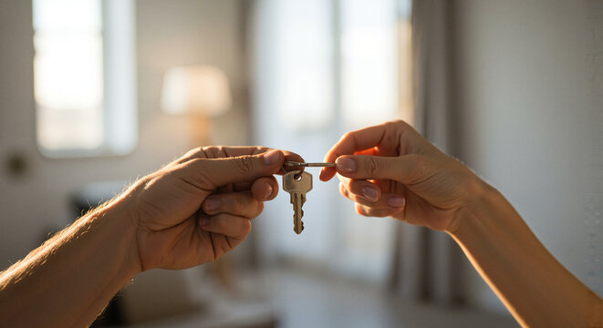 Key exchange between two hands in bright interior