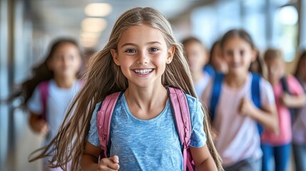 Fototapeta premium A vibrant scene unfolds as a young girl, her backpack bouncing with each step, runs to catch up with her friends, her eyes filled with excitement for the day’s lessons. 
