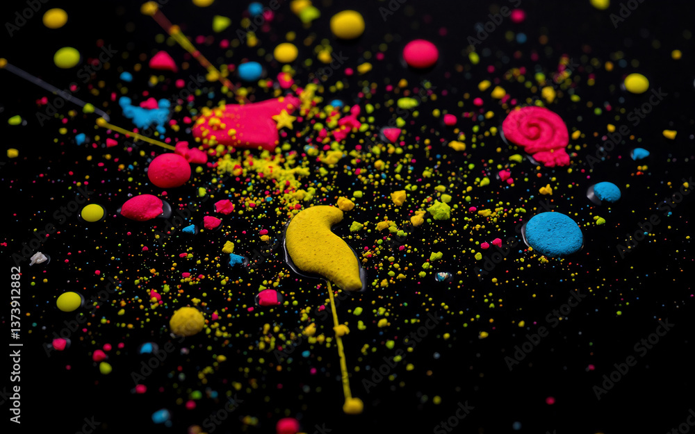 Poster Colorful paint splatters and dots create an abstract design on a dark surface. Vibrant hues of yellow, pink, blue, and red add a dynamic touch.