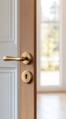 Obraz premium wooden door with brass handle is slightly open, revealing bright, sunlit room beyond. scene feels inviting and warm