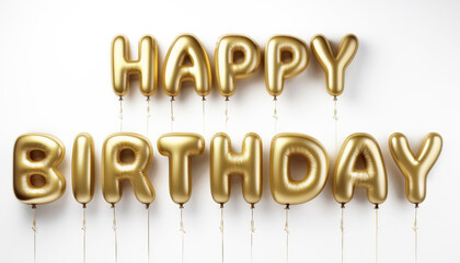 Ai Generated Gold Metallic Shiny Foil Capital Inflated Balloon Letters Happy Birthday Quote against Transparent Background