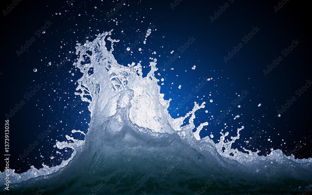 Poster a powerful wave crashes, creating dynamic motion and a dramatic splash against a deep blue backdrop.