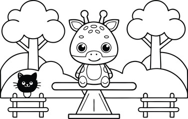 Cartoon Giraffe on Seesaw with Black Cat & Trees Line Art on White Background