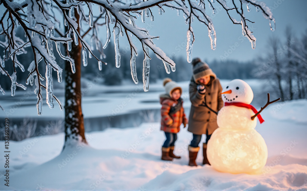 Poster two children happily build a glowing snowman in a snowy winter scene. icicles hang from tree branche