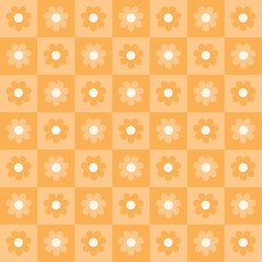 eamless retro floral pattern with yellow daisy flowers on a checkered background. Cute 70s-style design, perfect for textiles, wallpapers, packaging, and creative projects.
