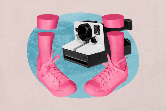 Composite image montage trend artwork 3D collage of legs stand wear sneakers posing photo camera instant shooting event leisure hobby