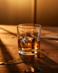 Warm evening glass of whiskey with ice cubes on wooden table highlighting reflections and droplets of water