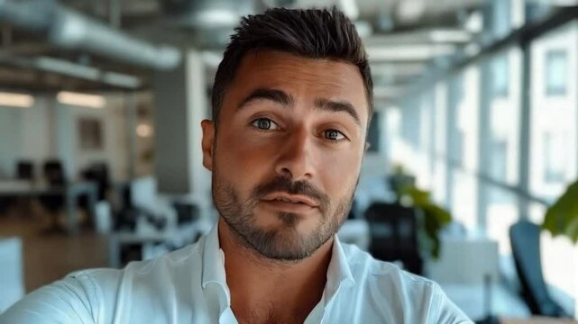 Vlogger greeting his audience with a selfie in a modern office, casual and inviting atmosphere