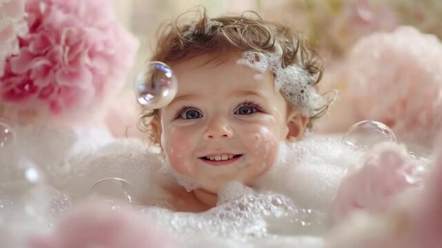 Happy baby playing in a bubbly bath with foam and toys, joyful and adorable moment