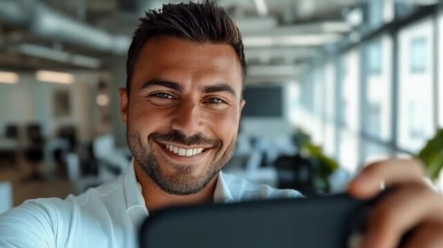 Young man smiling while taking a selfie in a modern office, bright and cheerful mood