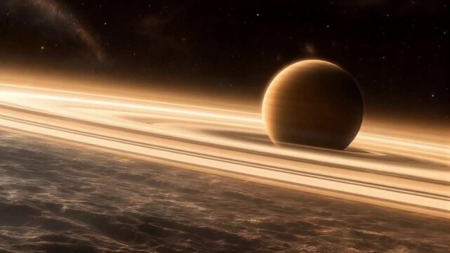 Astronomical landscape of a gas giant planet with rings, cosmic scenery, outer space concept
