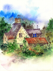 Watercolor illustration of a summer landscape with a village house with a red tiled roof in a green garden (This illustration was drawn by hand without the use of generative AI!)